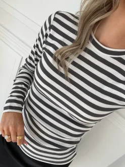 Mads Nørgaard 2x2 Cotton Stripe Tuba Bluse Gray Pinstripe/White Alyssum