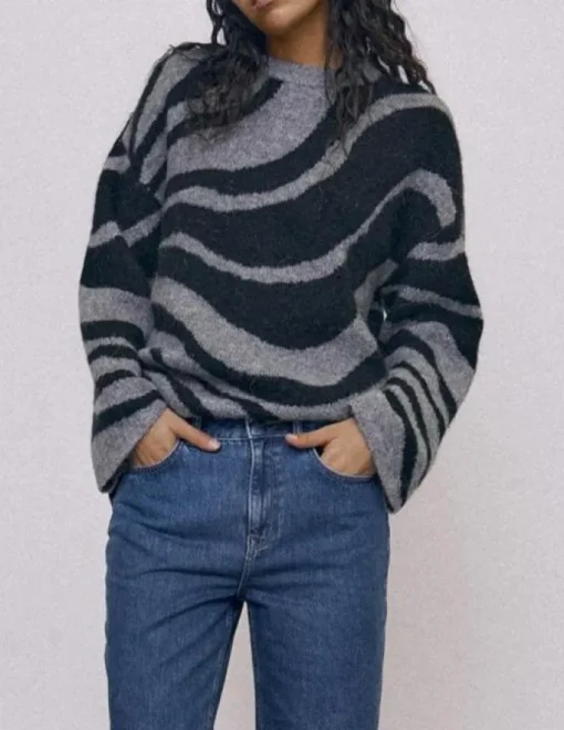 Object Diana LS Knit Bluse Medium Grey Melange/Zebra Black NO25