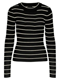 Pieces Crista LS O-Neck Strik Black/Birch Stripes