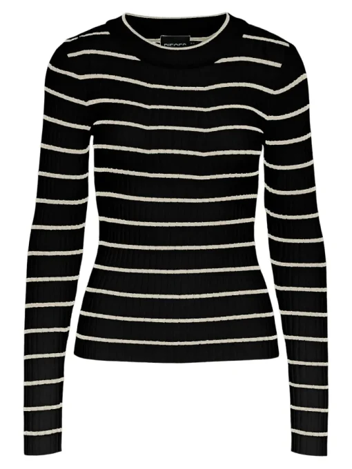 Pieces Crista LS O-Neck Strik Black/Birch Stripes
