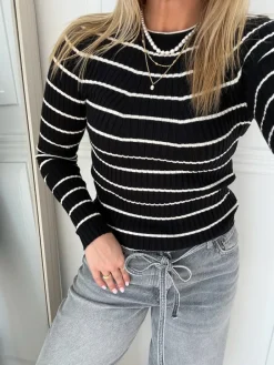 Pieces Crista LS O-Neck Strik Black/Birch Stripes