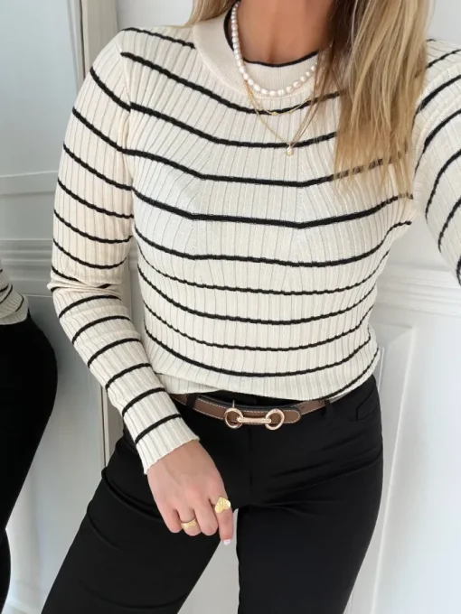 Pieces Crista LS O-Neck Strik Birch/Black Stripes