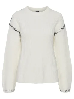 Pieces Gaia LS O-Neck Strik Cloud Dancer/Black Stitching