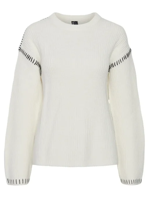 Pieces Gaia LS O-Neck Strik Cloud Dancer/Black Stitching