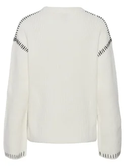 Pieces Gaia LS O-Neck Strik Cloud Dancer/Black Stitching