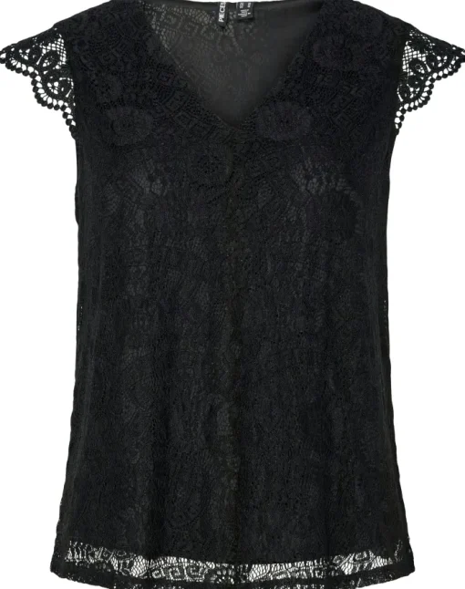 Pieces Olline SL Lace V-Neck Top Black NO25