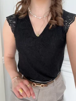Pieces Olline SL Lace V-Neck Top Black NO25